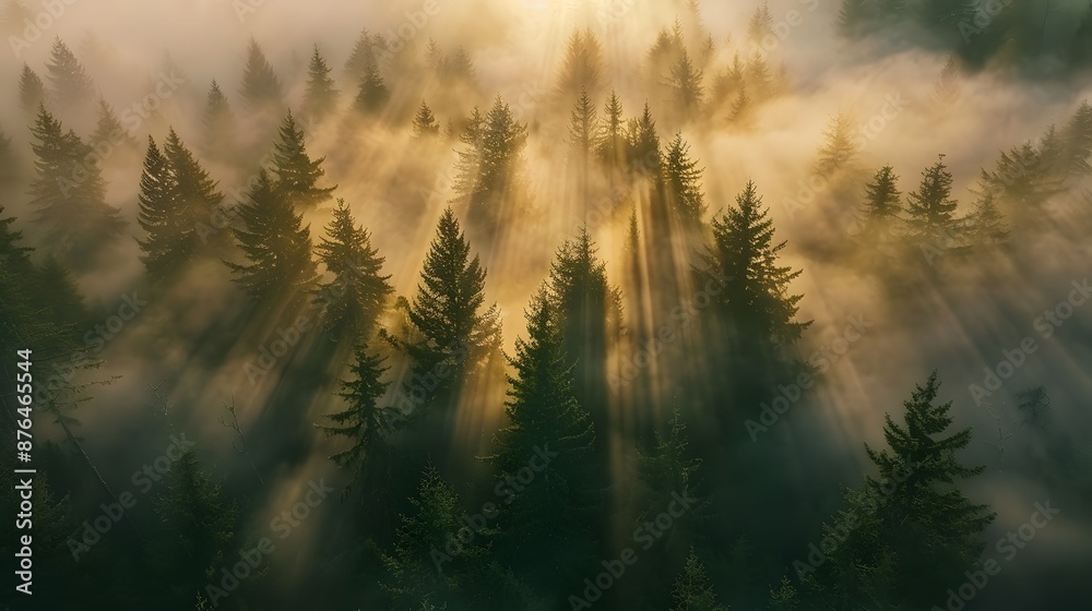 Fototapeta premium Sunrise over misty forest with sun rays shining through the fog
