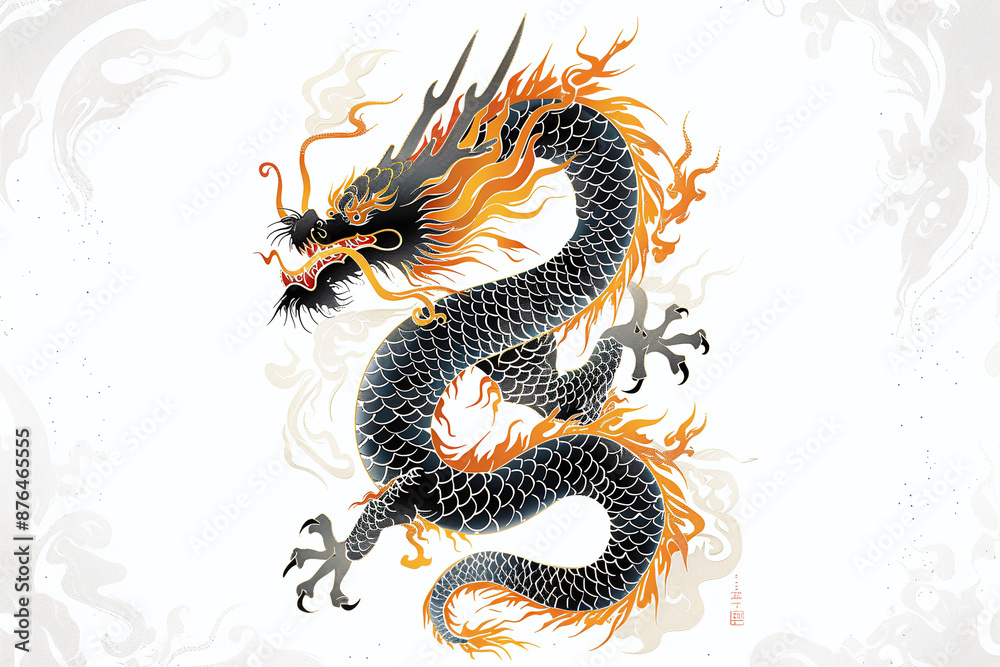 Obraz premium black Chinese dragon tattoo illustration on white background