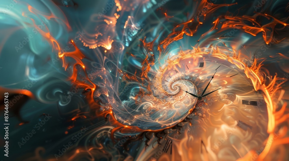 Obraz premium Surreal clock with fiery spiral and swirling abstract background. Digital art for design and print. Time and surrealism concept.