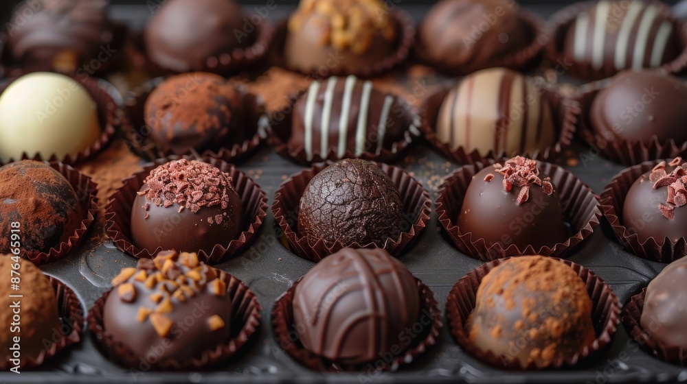 An elegant assortment of various handcrafted chocolates, showcasing rich textures and adorned with different toppings, presented beautifully in individual wrappers for visual appeal.