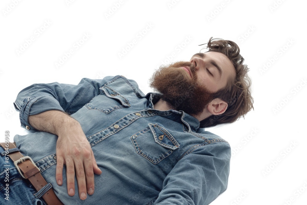 A person with a beard resting on their stomach A person with a beard resting on their stomach