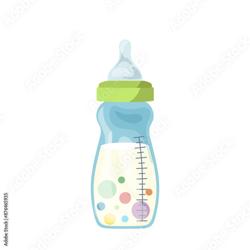 Water, milk or liquid porridge baby bottle with sucking silicon nipple isolated on white background
