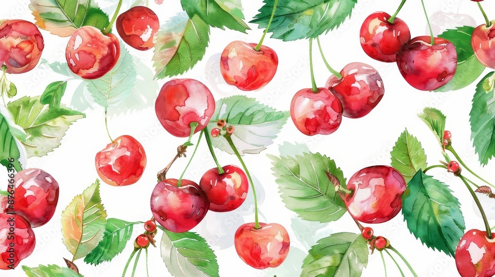 Watercolor cherry seamless pattern. Summer berries, fruits, leaves, flowers background. Vector illustration for spring cover, tropical wallpaper texture, backdrop, wedding invitation