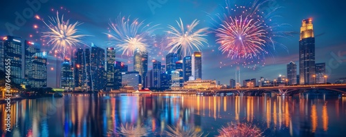 Cityscape Spectacular Glittering Fireworks Dance Over Urban Skyline in New Year 2025 Celebration Canon EOS R5 50mm Lens