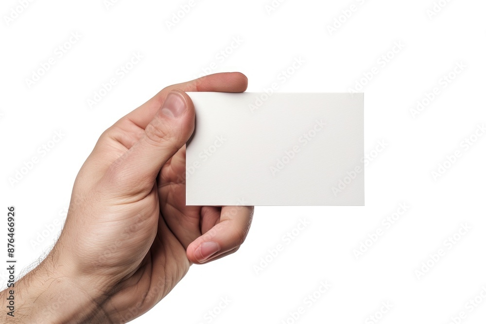 A person holding a blank business card, ideal for use in presentations, marketing materials or as a placeholder A person holding a blank business card, ideal for use in presentations, marketing materials or as a placeholder