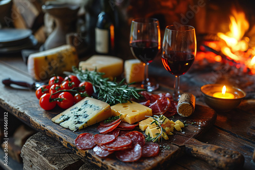 Close-up of a glass of red wine on a table with blurred fireplace in the background and charcuterie board with different cheese at a cozy evening	 photo