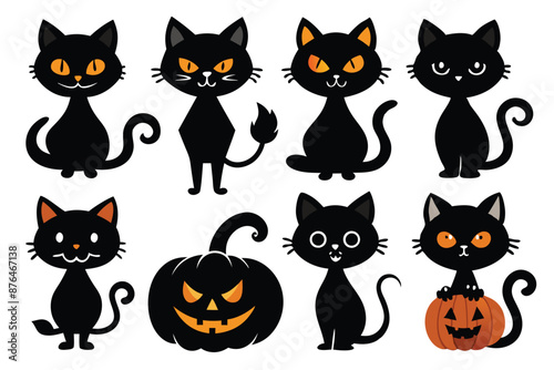 Happy Halloween. Mega set of black cat with yellow eyes in different poses with a pumpkin, on a broomstick, in a hat of a witch and other elements isolated on a white background. Cartoon, vector