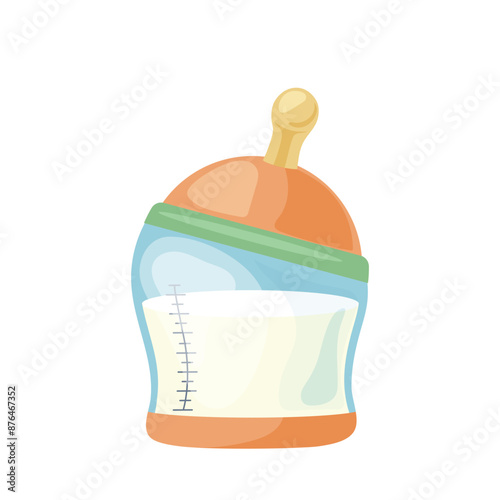 Milk bottle with silicone nipple baby care accessory for feeding newborns vector illustration