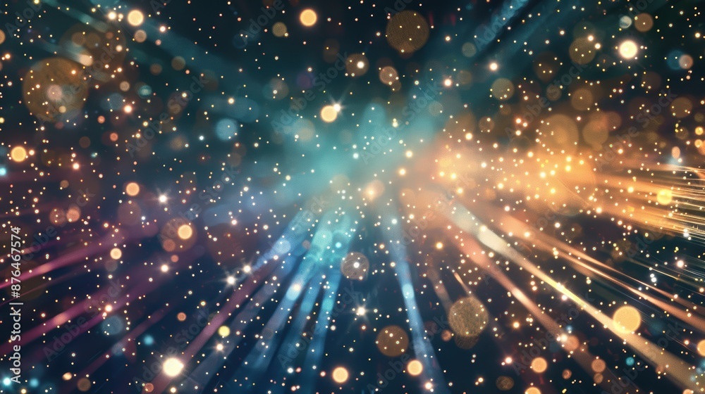 Fototapeta premium Dynamic image with green and blue light rays and sparkling particles, creating a vibrant, energetic effect.