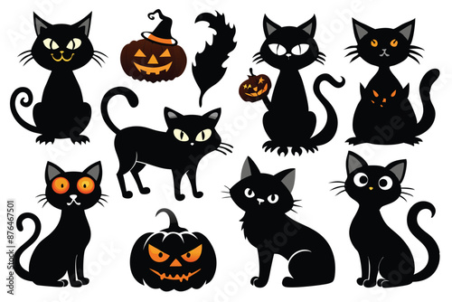 Happy Halloween. Mega set of black cat with yellow eyes in different poses with a pumpkin, on a broomstick, in a hat of a witch and other elements isolated on a white background. Cartoon, vector