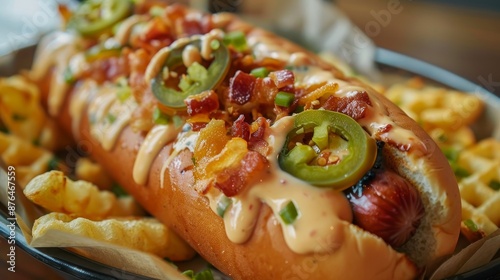 Decadent CheeseDrenched Hotdog Gourmet Comfort Food with a Kick Closeup of Savory Hotdog with Jalapenos Bacon and Waffle Fries in Rustic Kitchen Setting HighQuality Canon EOS R 50mm Lens Capture photo