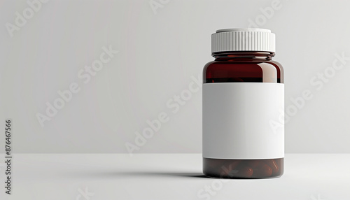Brown medicine bottle with white cap and blank label, placed on a neutral background, used for healthcare and medical purposes