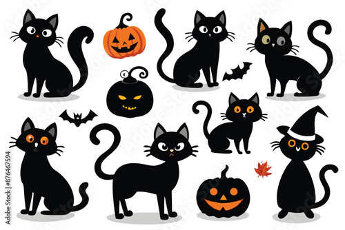 Happy Halloween. Mega set of black cat with yellow eyes in different poses with a pumpkin, on a broomstick, in a hat of a witch and other elements isolated on a white background. Cartoon, vector