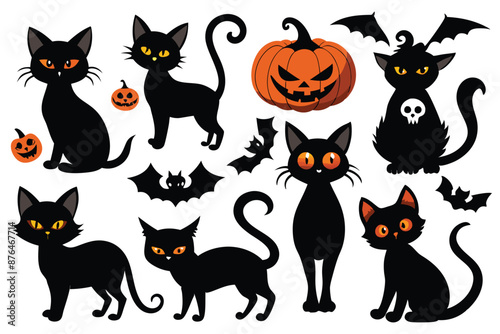 Happy Halloween. Mega set of black cat with yellow eyes in different poses with a pumpkin, on a broomstick, in a hat of a witch and other elements isolated on a white background. Cartoon, vector