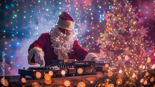 Santa Claus as a DJ, mixing music on a turntable with festive decorations and sparkling lights around him. Christmas party DJ concept.