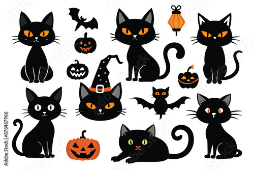 Happy Halloween. Mega set of black cat with yellow eyes in different poses with a pumpkin, on a broomstick, in a hat of a witch and other elements isolated on a white background. Cartoon, vector