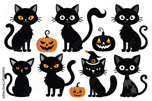 Happy Halloween. Mega set of black cat with yellow eyes in different poses with a pumpkin, on a broomstick, in a hat of a witch and other elements isolated on a white background. Cartoon, vector