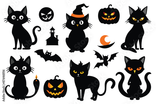 Happy Halloween. Mega set of black cat with yellow eyes in different poses with a pumpkin, on a broomstick, in a hat of a witch and other elements isolated on a white background. Cartoon, vector