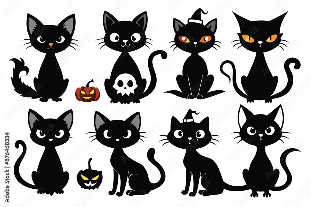 Fototapeta premium Happy Halloween. Mega set of black cat with yellow eyes in different poses with a pumpkin, on a broomstick, in a hat of a witch and other elements isolated on a white background. Cartoon, vector