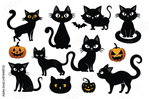 Happy Halloween. Mega set of black cat with yellow eyes in different poses with a pumpkin, on a broomstick, in a hat of a witch and other elements isolated on a white background. Cartoon, vector