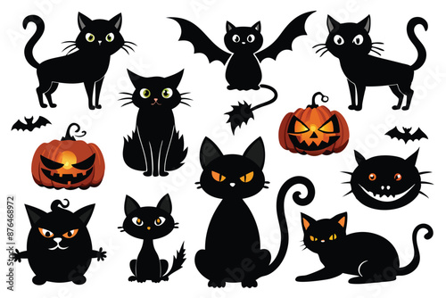 Happy Halloween. Mega set of black cat with yellow eyes in different poses with a pumpkin, on a broomstick, in a hat of a witch and other elements isolated on a white background. Cartoon, vector