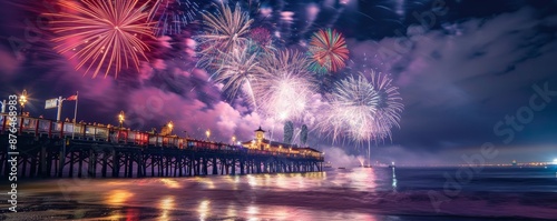 Sparkling New Year's Eve Fireworks Spectacle at Pier Festive Celebration with Cheering Crowd and Illuminated Skyline Vibrant Canon EOS 5D Mark IV Image