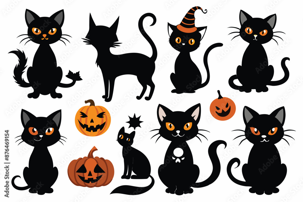 Obraz premium Happy Halloween. Mega set of black cat with yellow eyes in different poses with a pumpkin, on a broomstick, in a hat of a witch and other elements isolated on a white background. Cartoon, vector