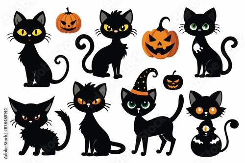 Happy Halloween. Mega set of black cat with yellow eyes in different poses with a pumpkin, on a broomstick, in a hat of a witch and other elements isolated on a white background. Cartoon, vector