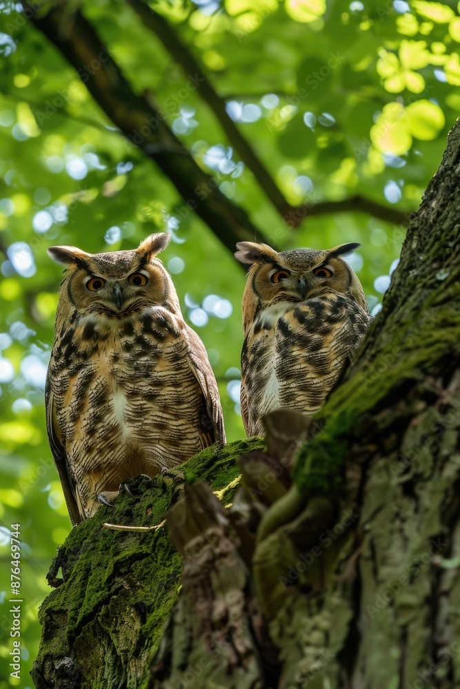 A photo of two owls perched on a tree branch, looking directly at the camera A photo of two owls perched on a tree branch, looking directly at the camera
