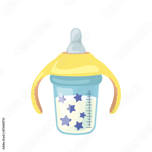 Milk bottle with latex nipple and plastic handles for feeding newborn baby isolated on white