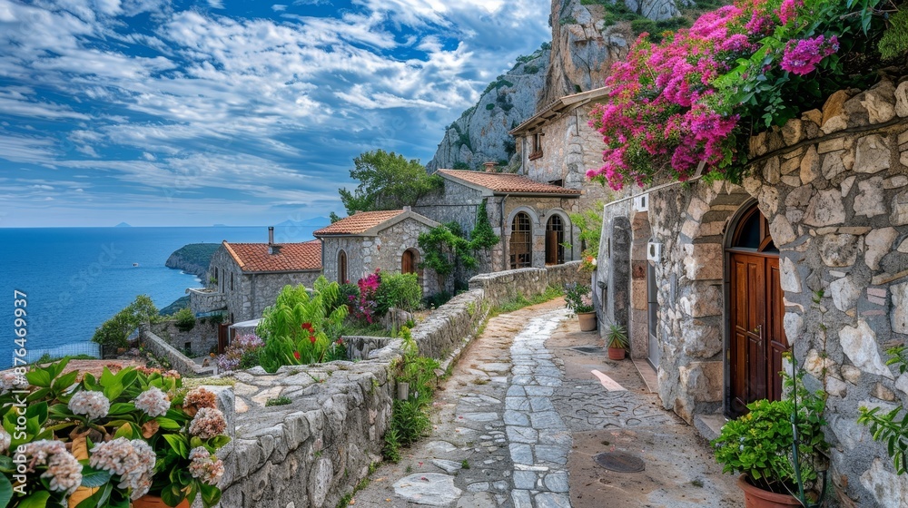 Enchanting Mediterranean Village Stone Houses Cobblestone Streets and Azure Seas Nikon Z7 2470mm Lens F11 Aperture for Stunning Detail and Vibrant Colors Enchanting Mediterranean Village Stone Houses Cobblestone Streets and Azure Seas Nikon Z7 2470mm Lens F11 Aperture for Stunning Detail and Vibrant Colors