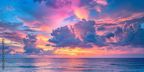 Colorful sunset over ocean with dramatic cloud formations