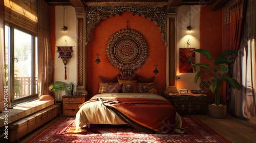 A cozy bedroom with a large bed and a red rug, ideal for interior design or home decor photography © Fotograf
