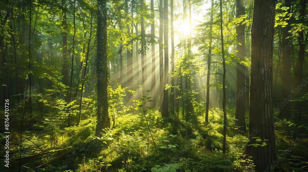 Fototapeta premium A lush green forest with sunlight filtering through the trees, creating a calming natural scene. Generative AI.