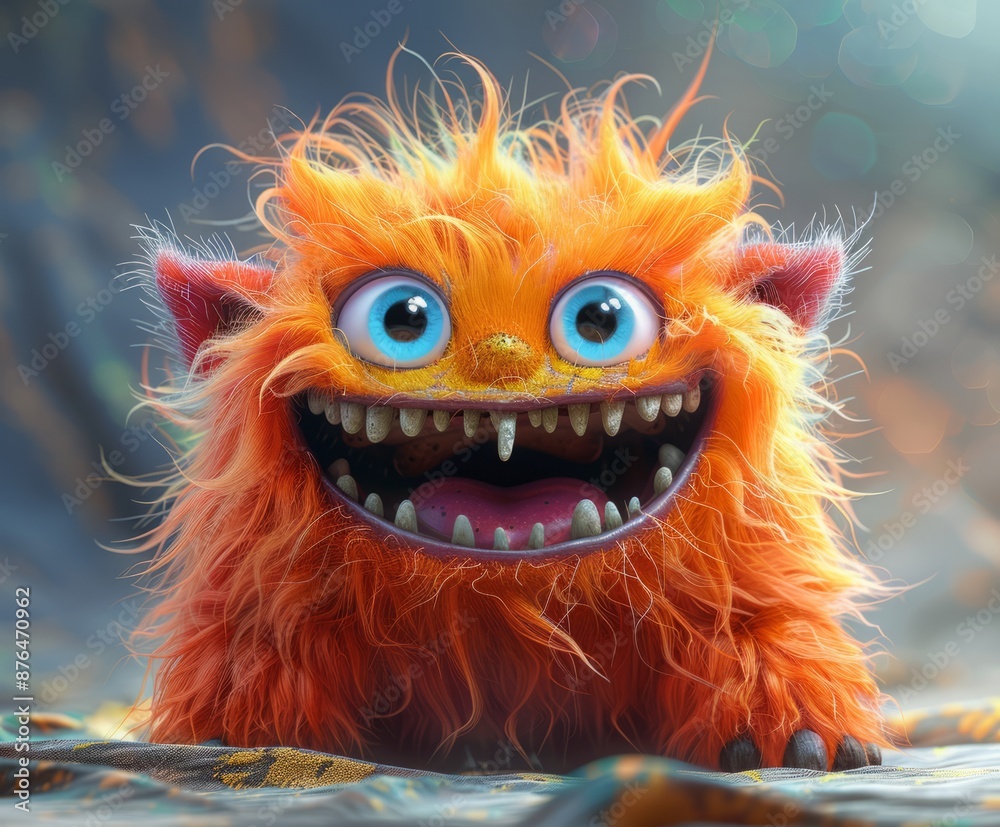 Cute orange fluffy cartoon character monster. A funny fictional animal.