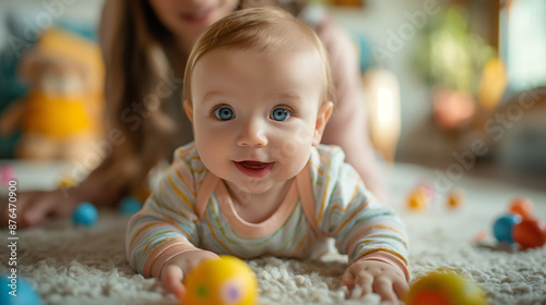 a baby learns to walk with the support of his mother at home . happy baby crawls and moths on background 