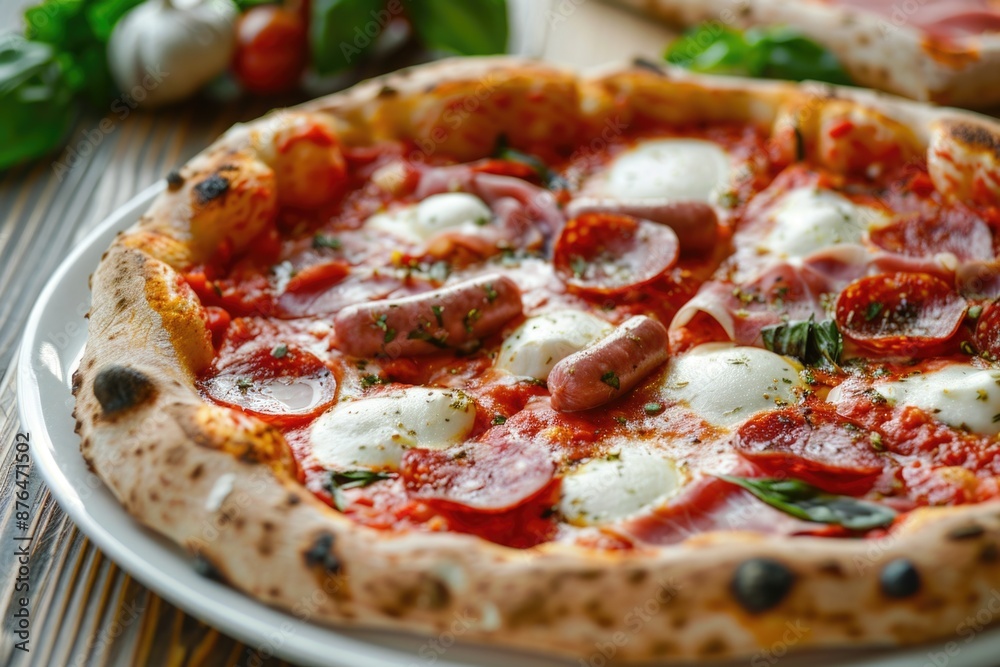 A single slice of pizza on a white plate set on a table, ready for serving A single slice of pizza on a white plate set on a table, ready for serving