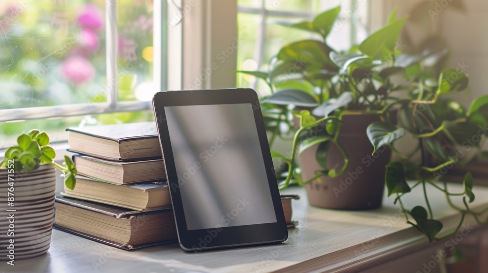 A compact, bright e-reader or tablet on a minimalist table A compact, bright e-reader or tablet on a minimalist table