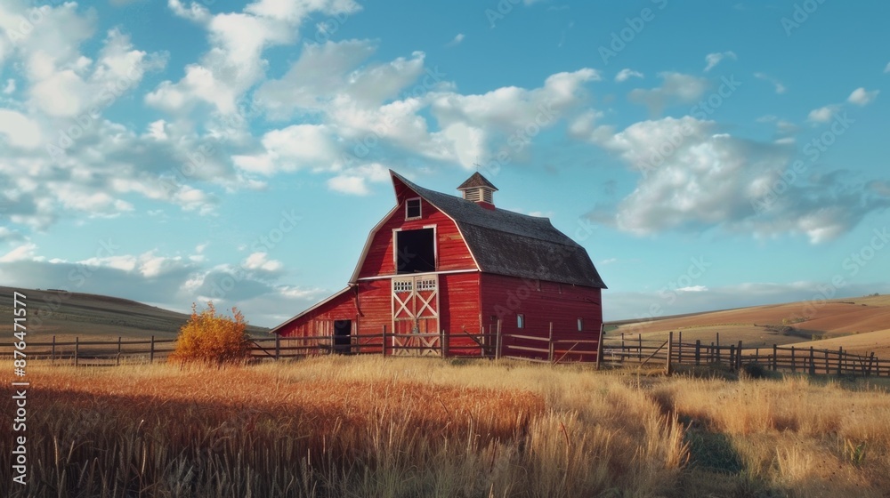 A classic rural scene with a red barn standing out against a backdrop of dry grass and possibly autumn foliage A classic rural scene with a red barn standing out against a backdrop of dry grass and possibly autumn foliage