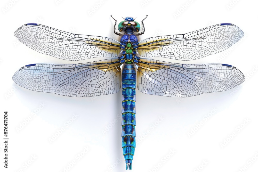 A close-up view of a blue dragonfly perched on a white surface, ready to take flight A close-up view of a blue dragonfly perched on a white surface, ready to take flight