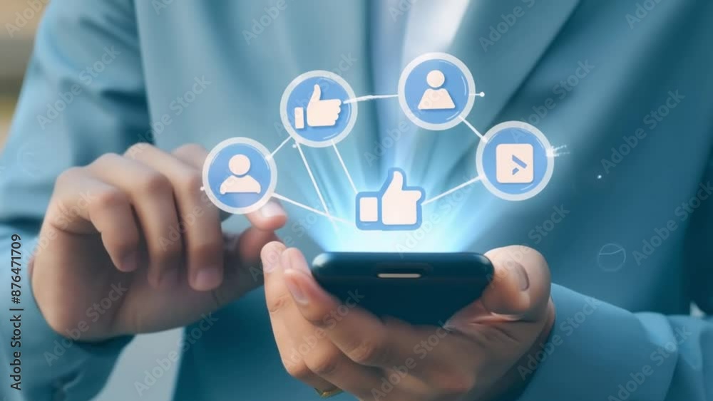 A woman in a blue suit is using her cell phone. She is texting or possibly browsing the internet. Concept of modernity and technology A woman in a blue suit is using her cell phone. She is texting or possibly browsing the internet. Concept of modernity and technology