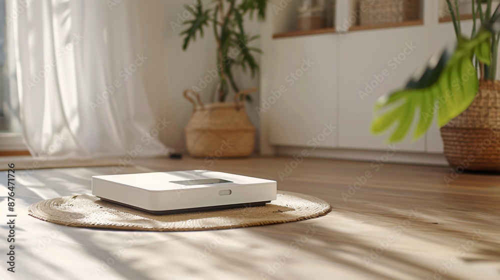 Fototapeta premium A compact, bright travel scale on a minimalist floor