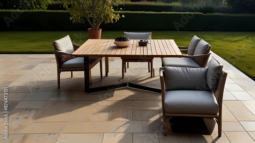 Grande patio del terrazzo con i mobili da giardino del rattan nel giardino sul pavimento di legno