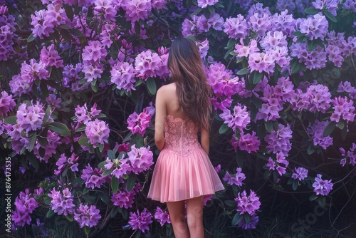 A woman stands among a bush of purple flowers, likely for a garden or nature-related theme