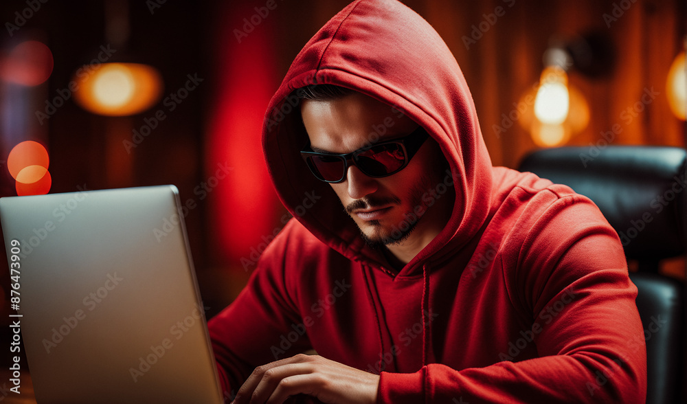 hacker man on computer, hacker in hoodie, cybercrime concept, cyber security