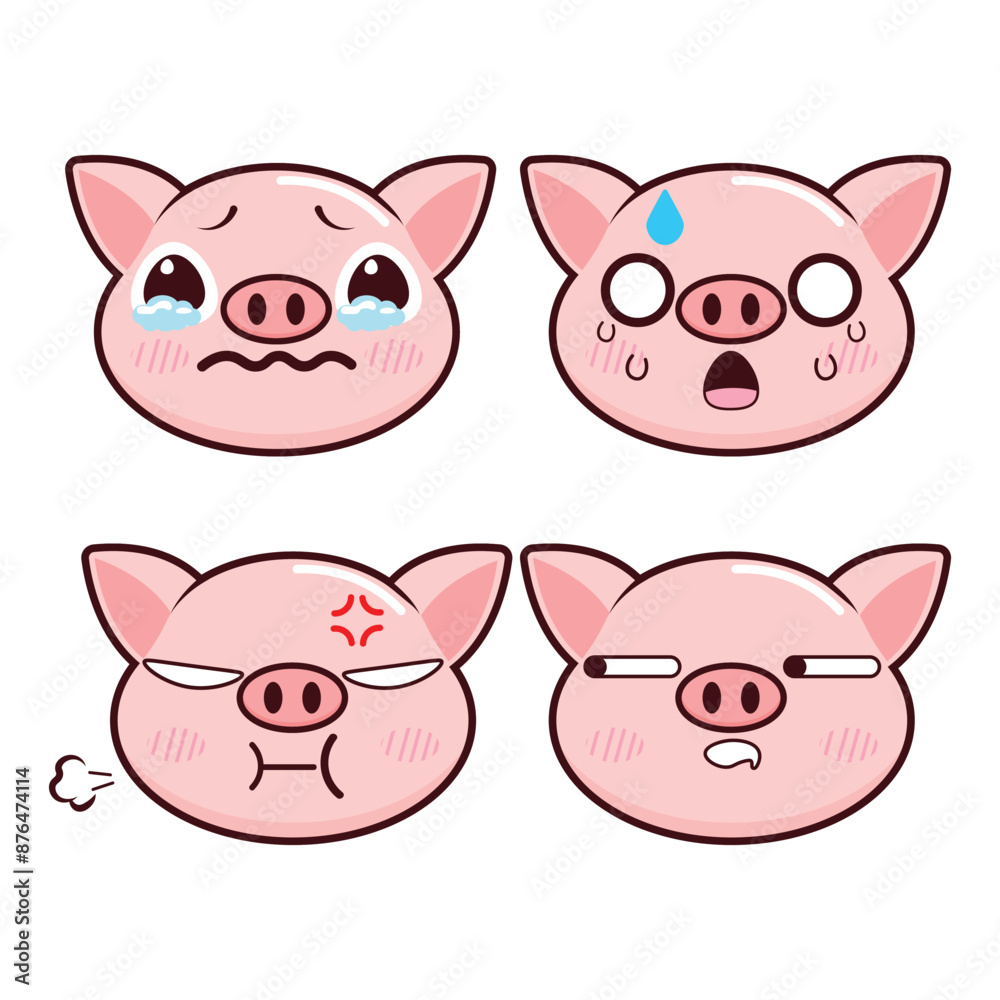 Vector set of cute Pig emoji faces with various expressions. Isolated on white background Vector set of cute Pig emoji faces with various expressions. Isolated on white background