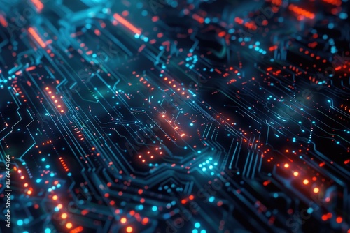 A close-up view of a circuit board featuring red and blue lights