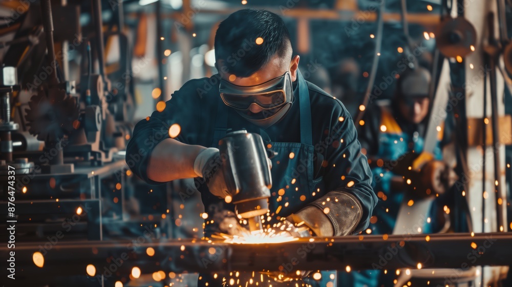 Front View of Man Welding in Workshop with Fire Sparks - Industrial Scene Front View of Man Welding in Workshop with Fire Sparks - Industrial Scene