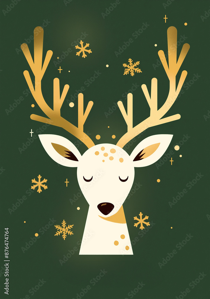 Cute reindeer face with large antlers on green background with gold snowflakes. Festive illustration in flat style. Christmas poster template with copy space. Cute reindeer face with large antlers on green background with gold snowflakes. Festive illustration in flat style. Christmas poster template with copy space.