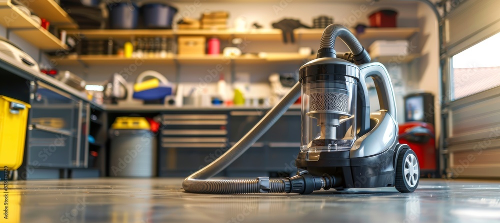 High-Powered Vacuum Cleaner in Action, Cleaning a Well-Organized Garage and Car Interior High-Powered Vacuum Cleaner in Action, Cleaning a Well-Organized Garage and Car Interior